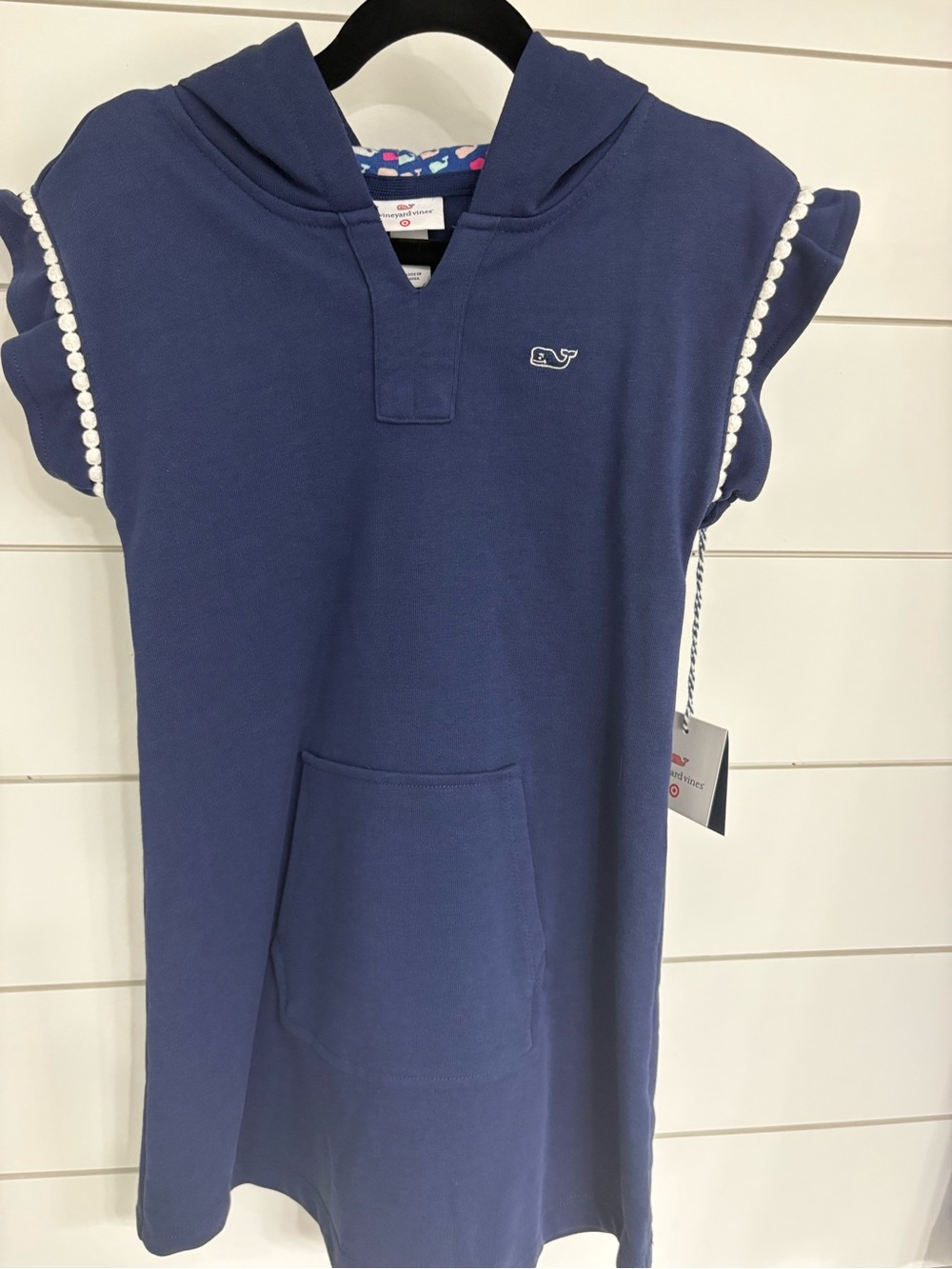 Vineyard Vines Navy Hooded Whale Coverup with White Pom Trim